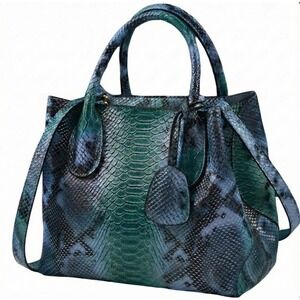 Women's Green/Purple Python Skin Print Tote Handbag Shoulder Bag